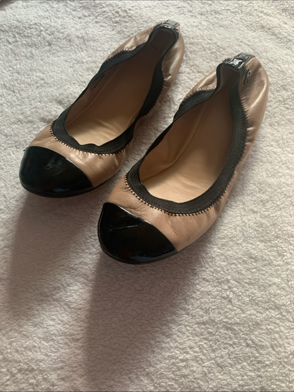 Cole Haan Nude Ballet Flats with Black Patent Cap Toe